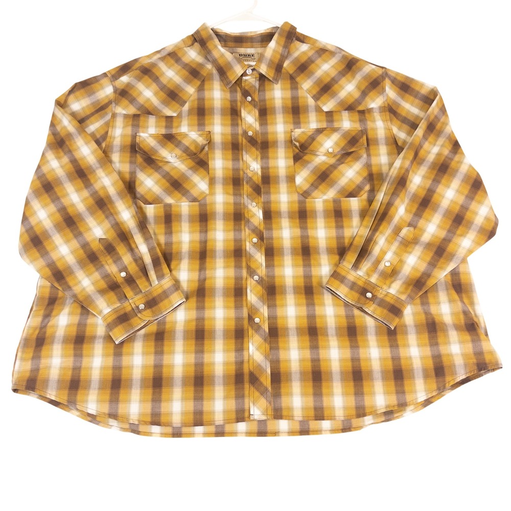 Duke Haband Mens 4XL Western Pearl Snap Plaid Shirt Brown Gold Long Sleeve